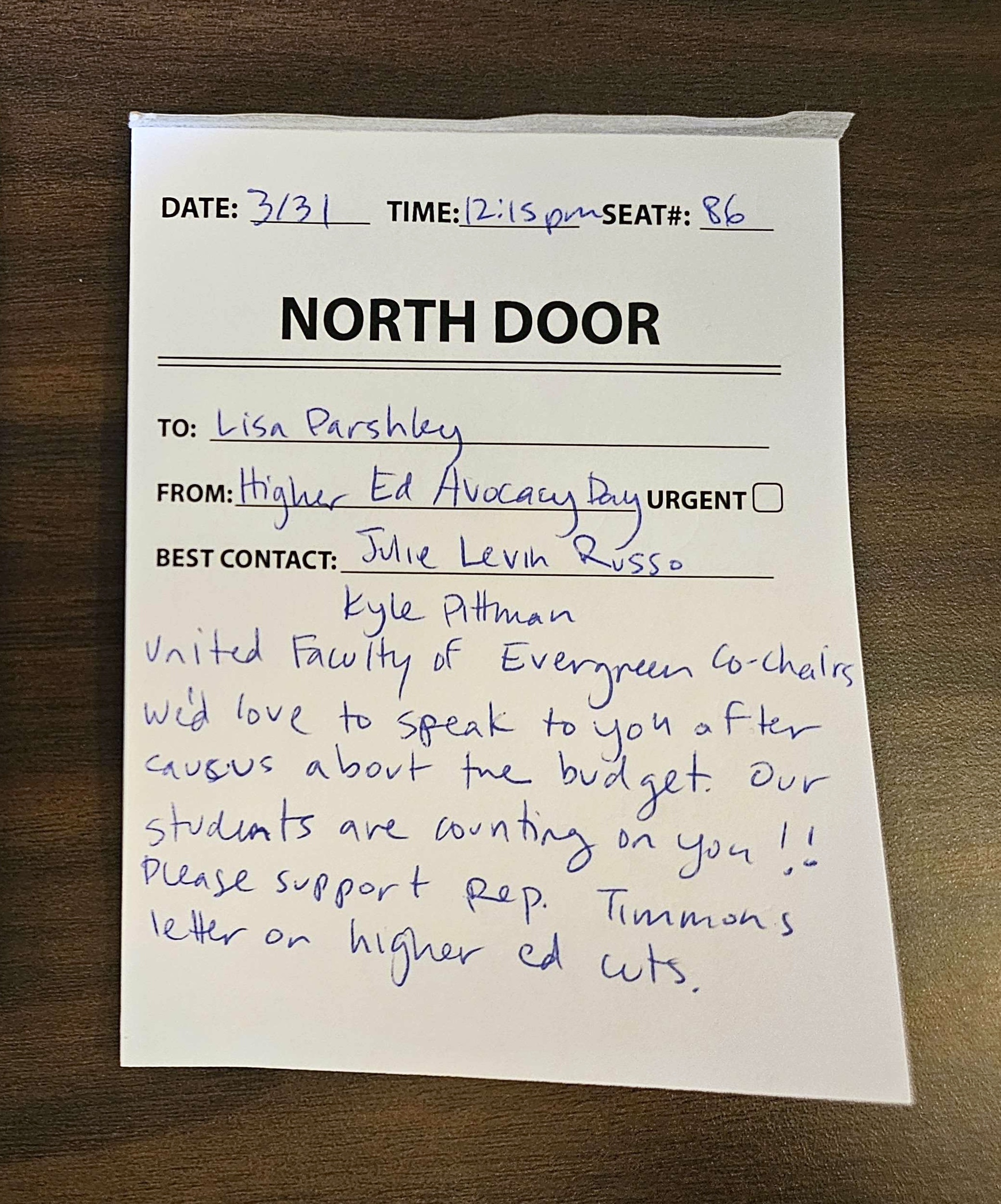 a note we sent to Rep. Parshley on the House floor